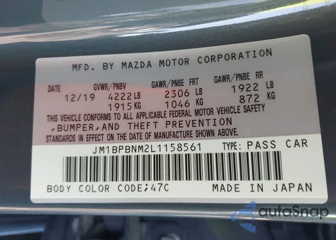 2020 Mazda 3 Premium from USA, damaged, VIN JM1BPBNM2L1158561